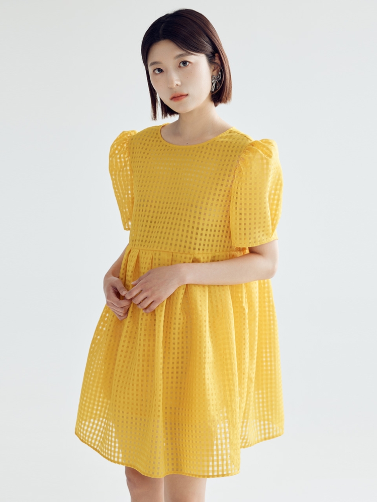 CHECK VOLUME MINI DRESS - MUSTARD