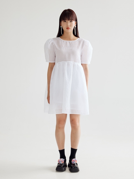 CHECK VOLUME MINI DRESS - WHITE