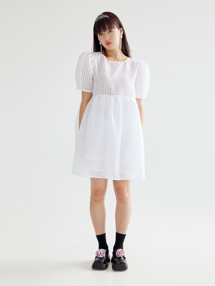 CHECK VOLUME MINI DRESS - WHITE