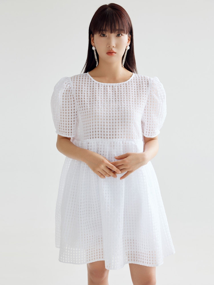 CHECK VOLUME MINI DRESS - WHITE