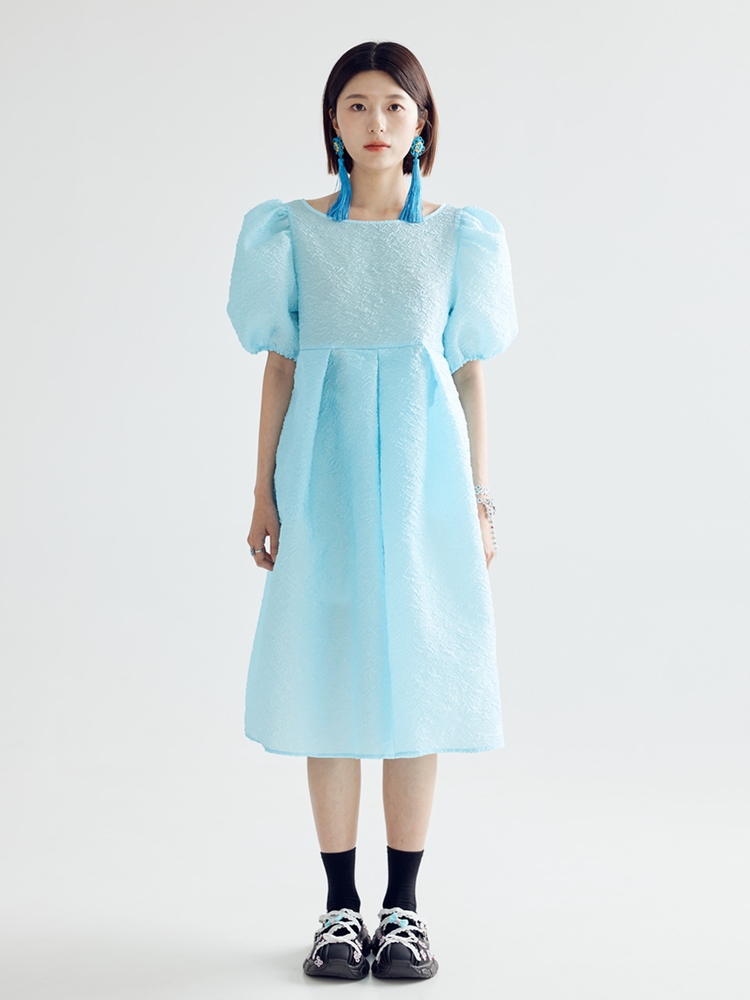 IRIS VOLUME PUFF MIDI DRESS 