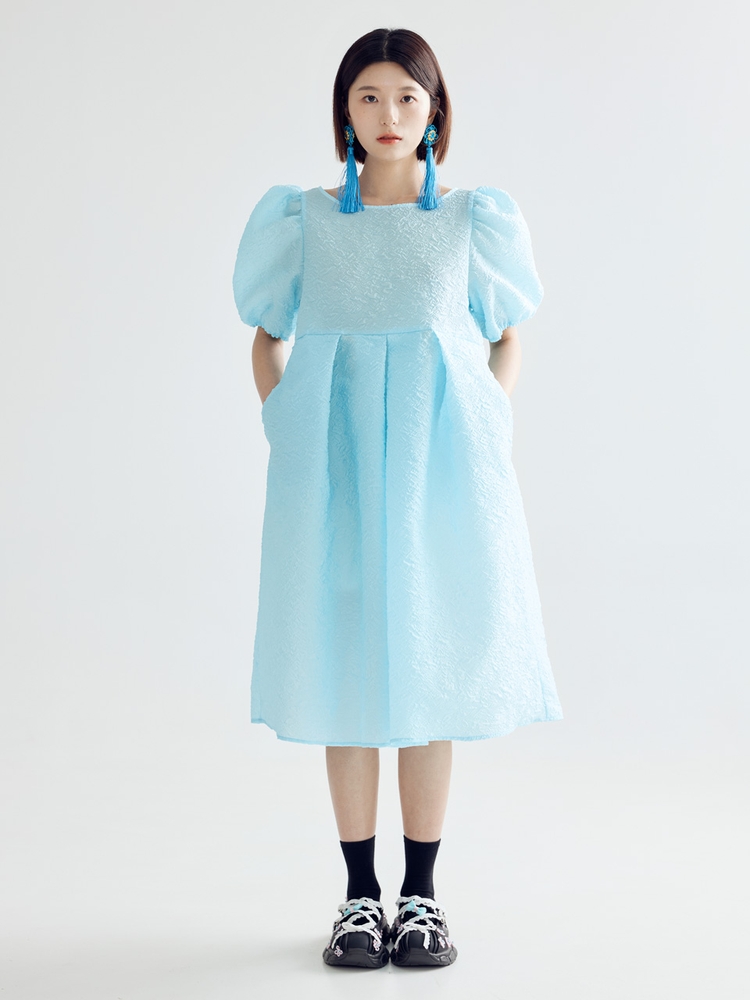 IRIS VOLUME PUFF MIDI DRESS 