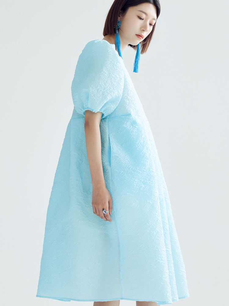 IRIS VOLUME PUFF MIDI DRESS 