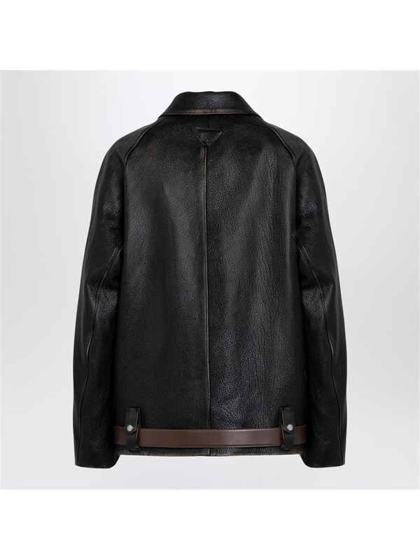 프라다 FW24 Prada Black leather blouson with belt 58A170OOO1455