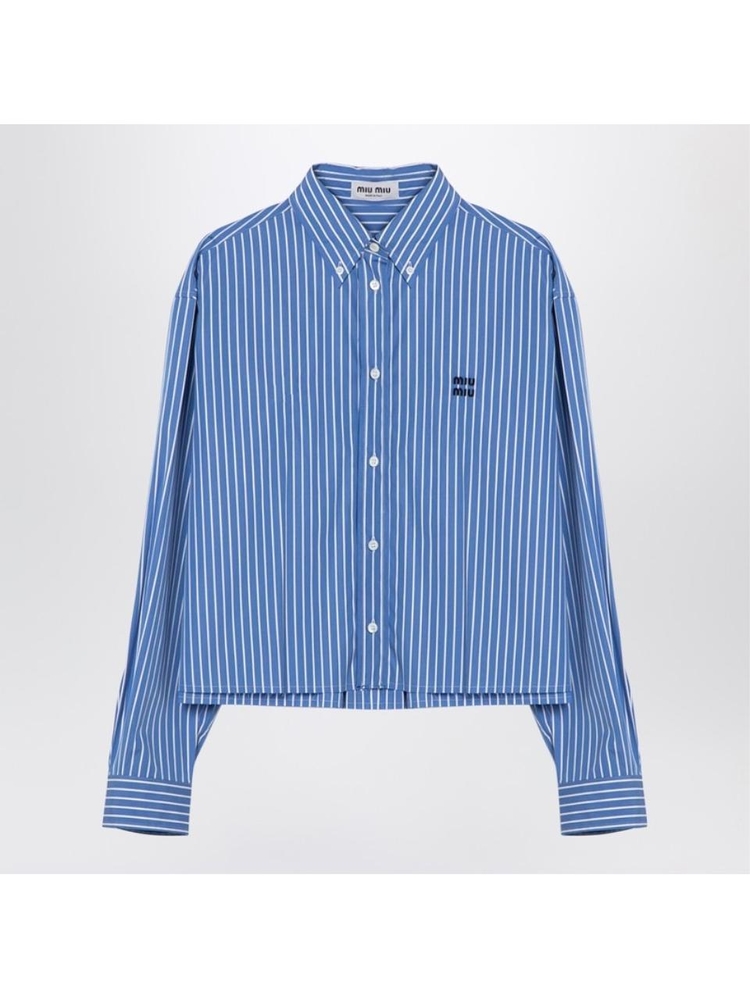 미우미우 FW24 Miu Miu Blue striped shirt with logo MK1659AM115PI