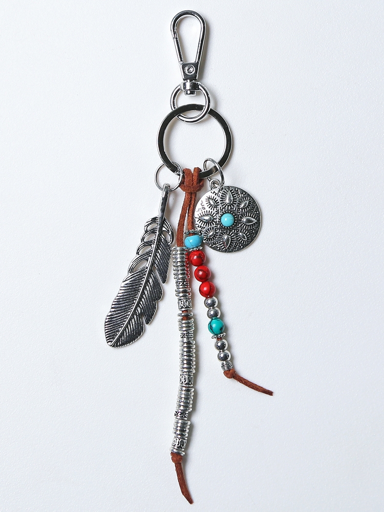 navajo feather & beads keyring brown