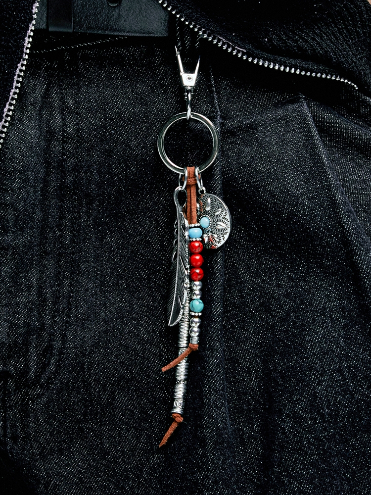 navajo feather & beads keyring brown