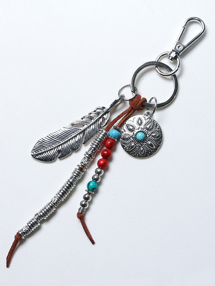 navajo feather & beads keyring brown