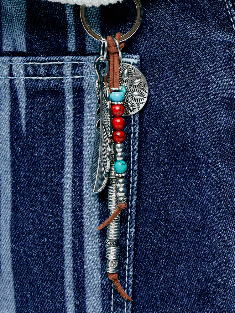 navajo feather & beads keyring brown