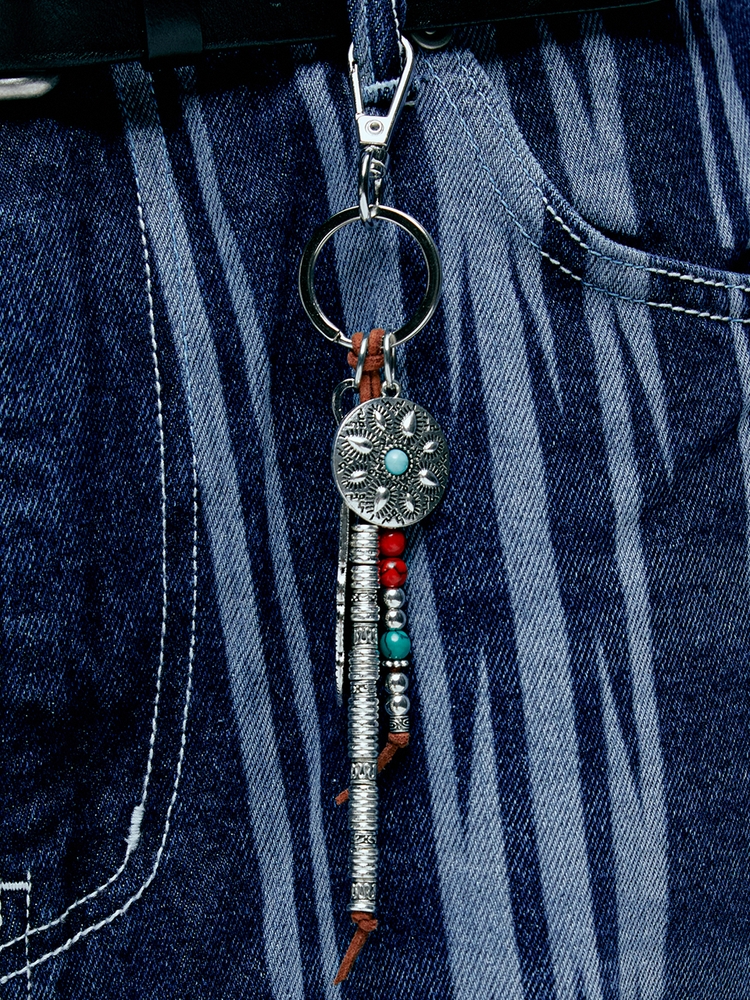 navajo feather & beads keyring brown