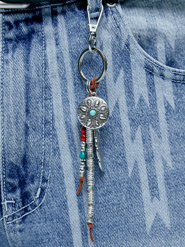 navajo feather & beads keyring brown