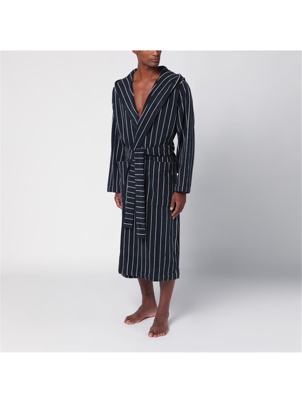 테클라 FW24 Tekla Black bathrobe with white stripes BT-AWCO