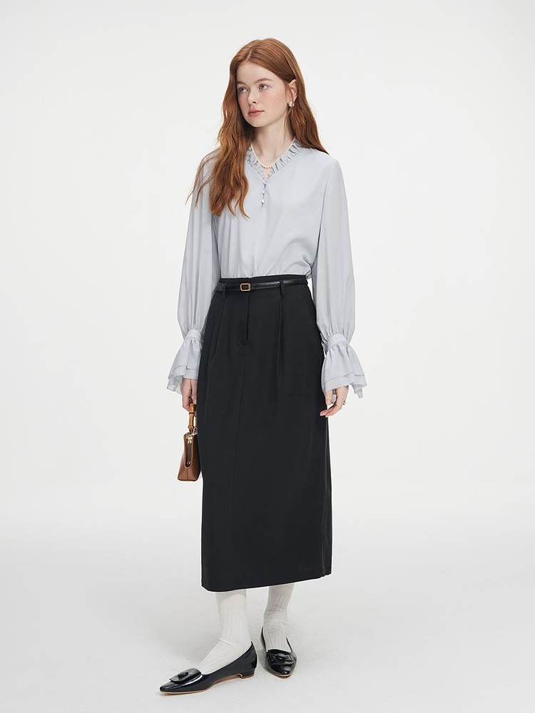 WD_Ruffled collar bell sleeve blouse