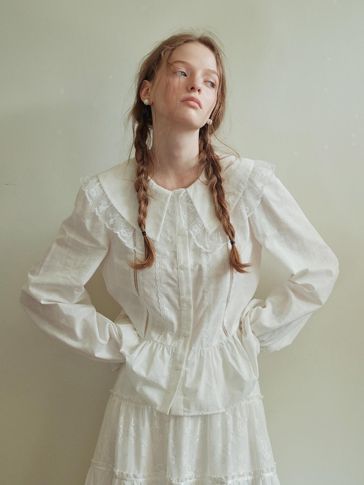 Cest_Pure white lace collar shirt