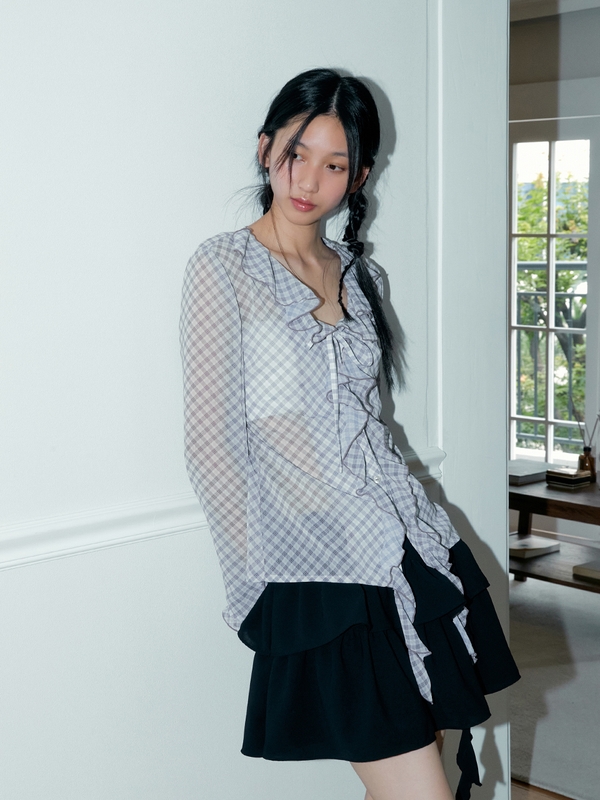 CHECK RUFFLE BLOUSE (GREY)