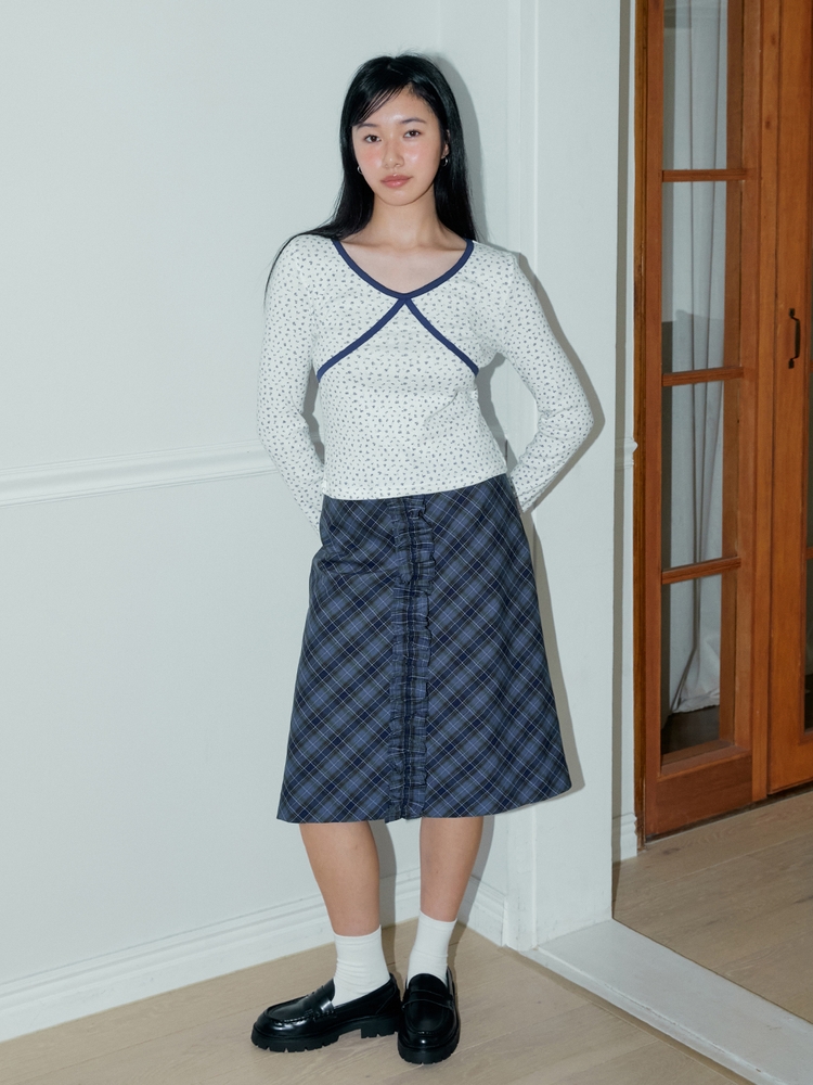 CHECK FRILL MIDI SKIRT (NAVY)