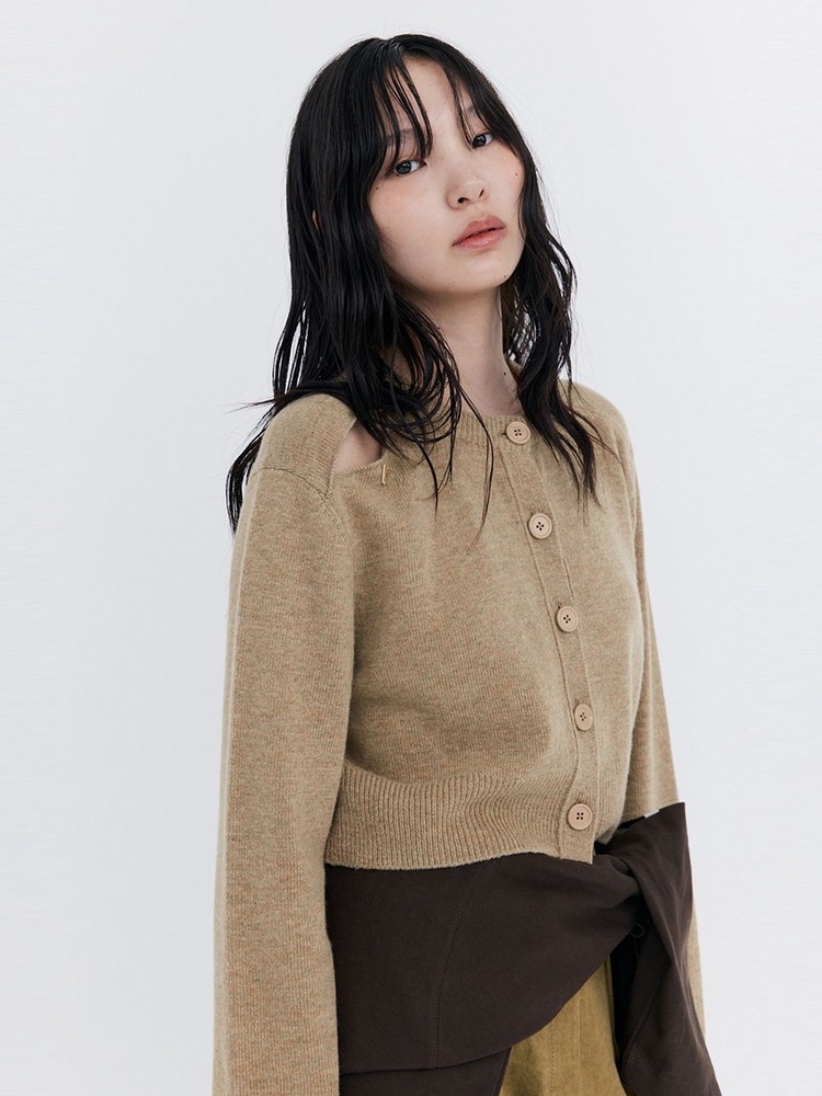 Open Point Crop Knit Cardigan_Beige