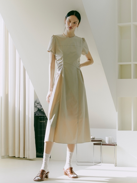 [리퍼브]Side Shirring Dress, Beige