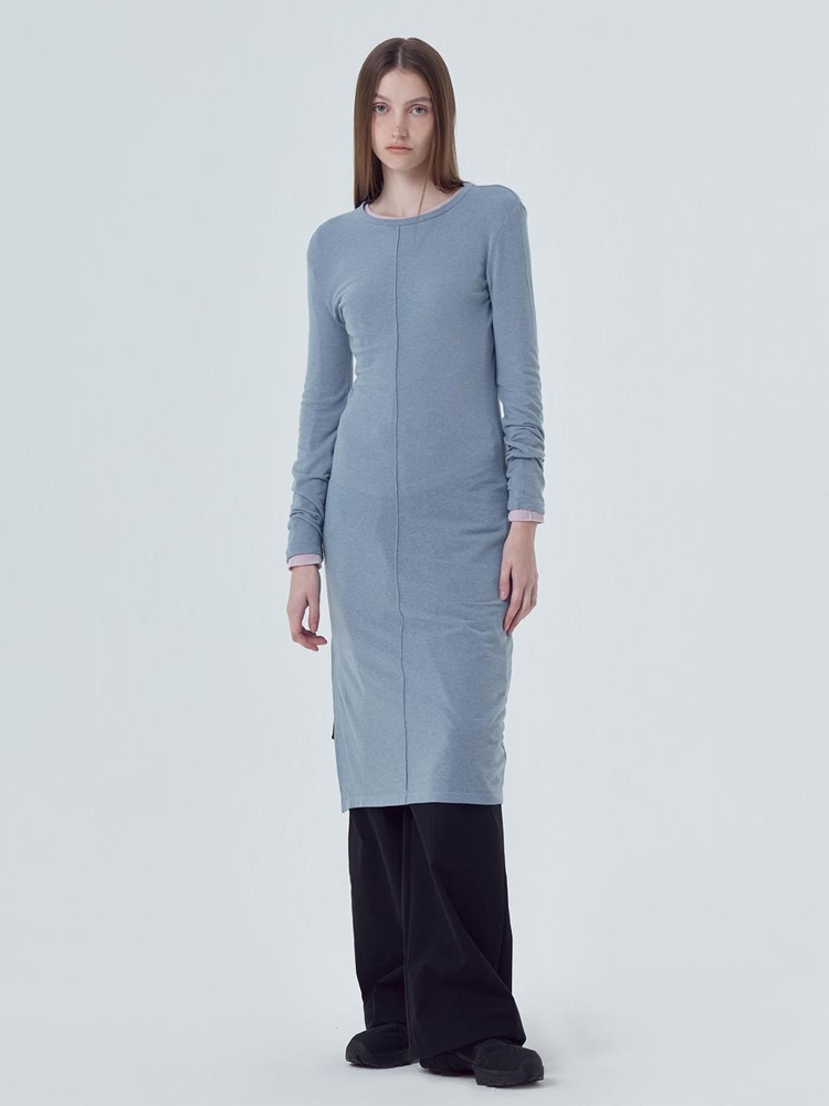 Pintuck Slit Jersey Dress, Ash Blue