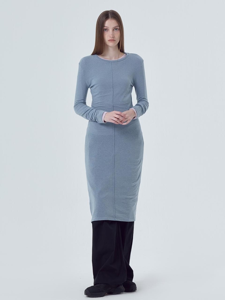 Pintuck Slit Jersey Dress, Ash Blue