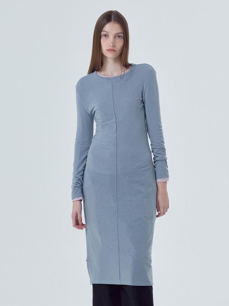 Pintuck Slit Jersey Dress, Ash Blue