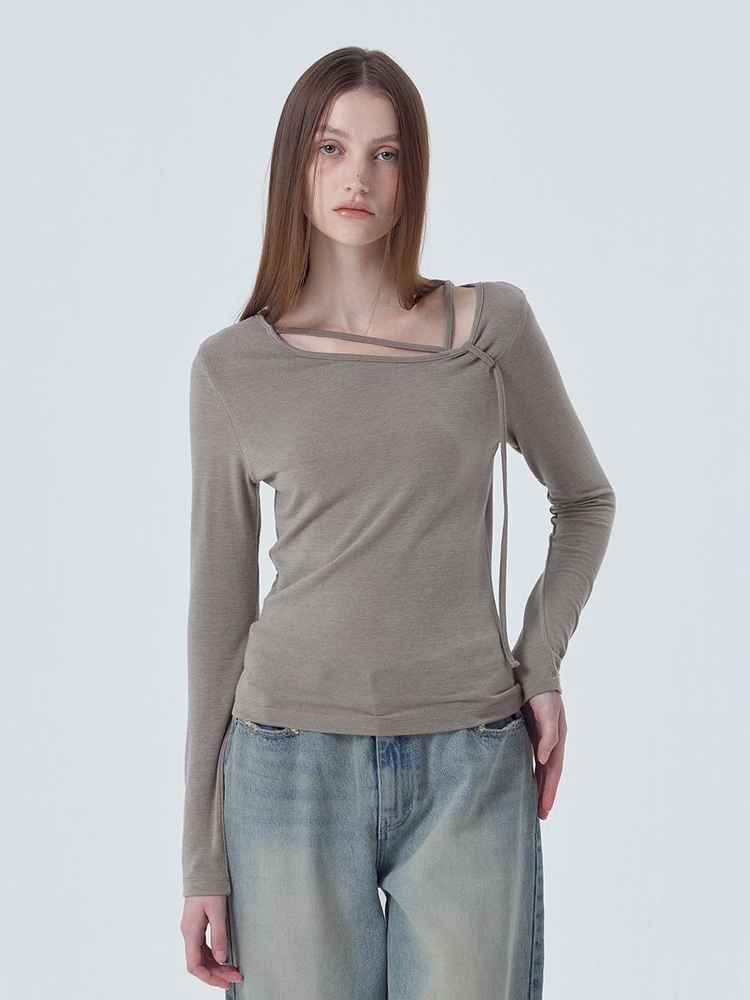 Strap Shirring T-Shirt, Ash Brown