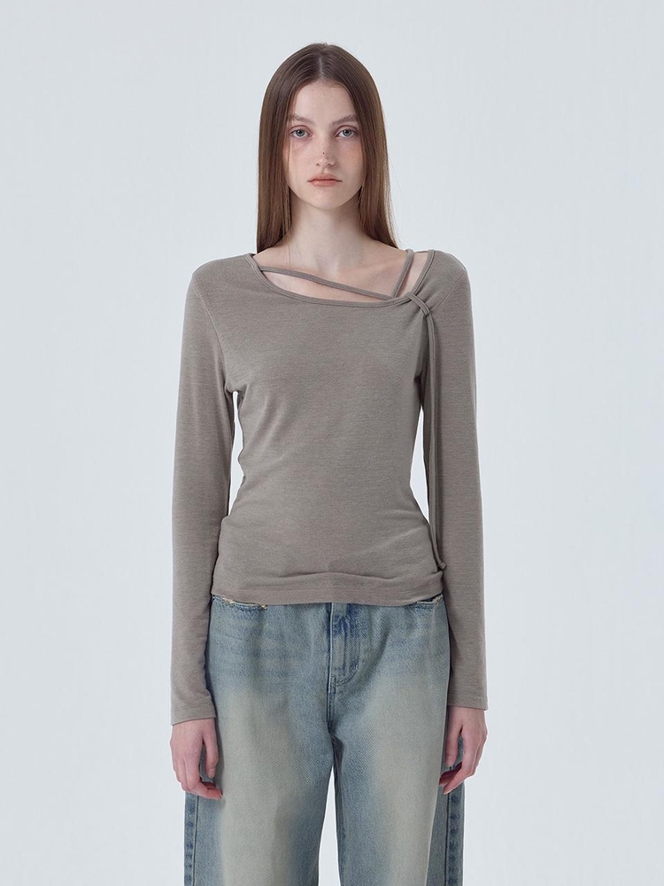 Strap Shirring T-Shirt, Ash Brown