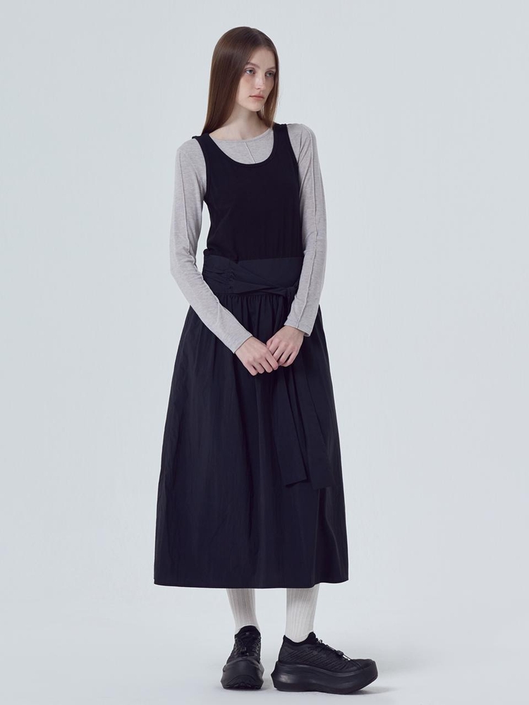 Mixed Fabric Knot Dress, Black