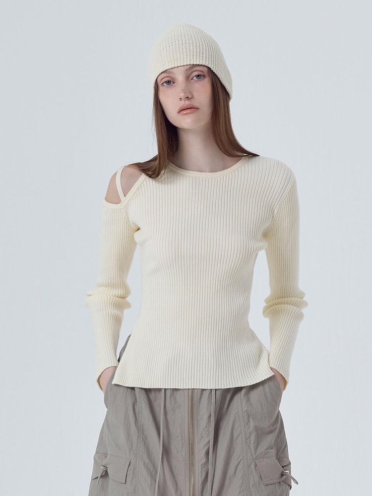 Cut-Out Strap Knit Top, Ivory