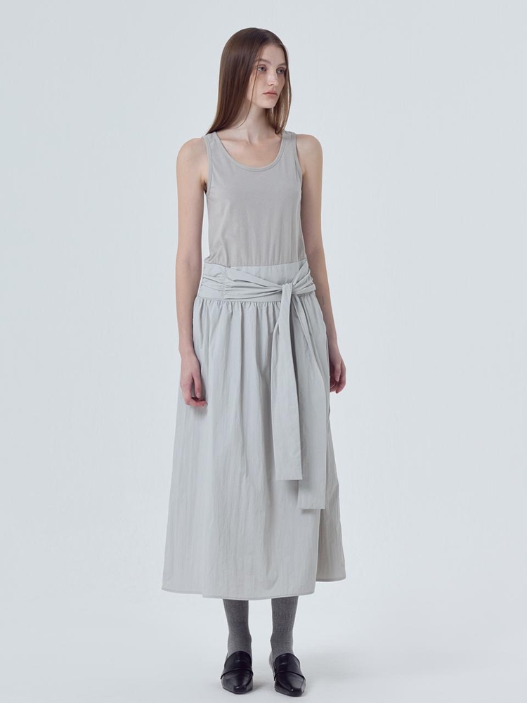 Mixed Fabric Knot Dress, Light Grey