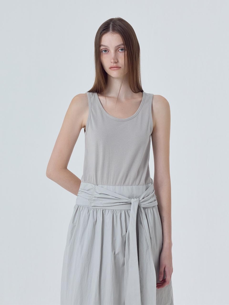 Mixed Fabric Knot Dress, Light Grey