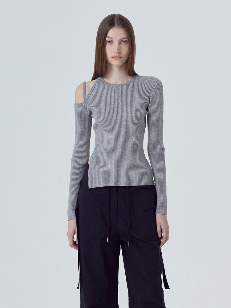 Cut-Out Strap Knit Top, Melange Gray