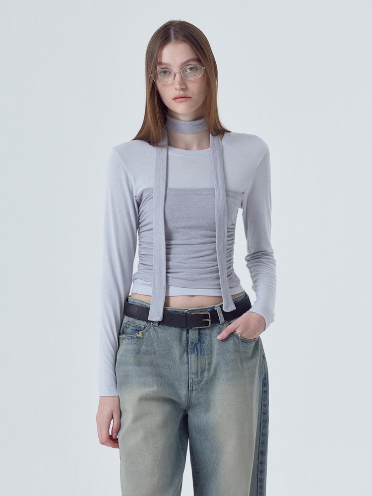 Layered Shirring Scarf T-Shirt, Ash Blue