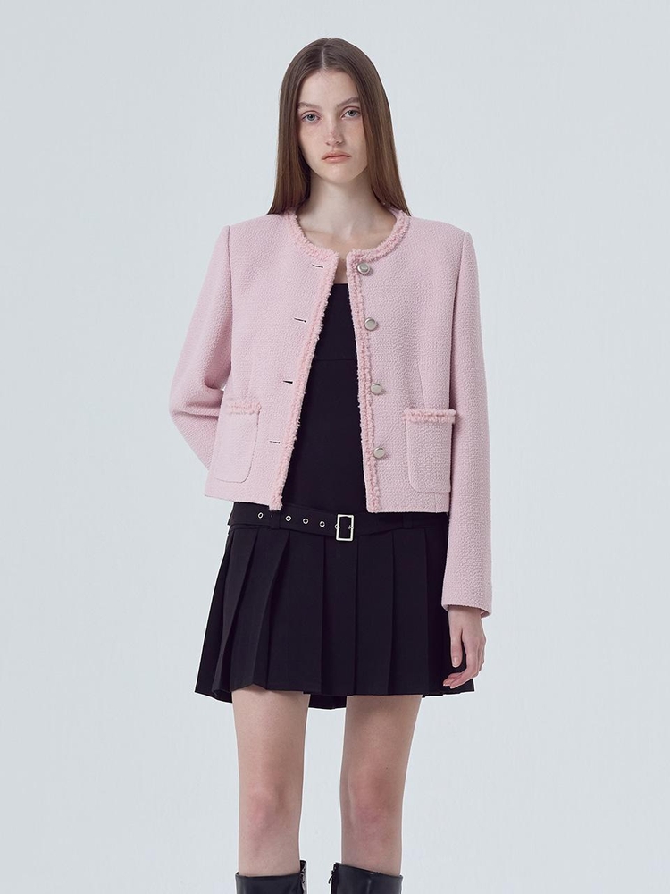 Boucle Trimmed Tweed Jacket, Pink