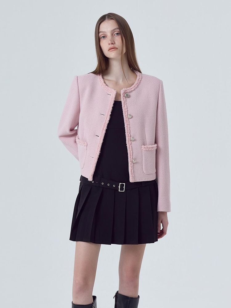 Boucle Trimmed Tweed Jacket, Pink