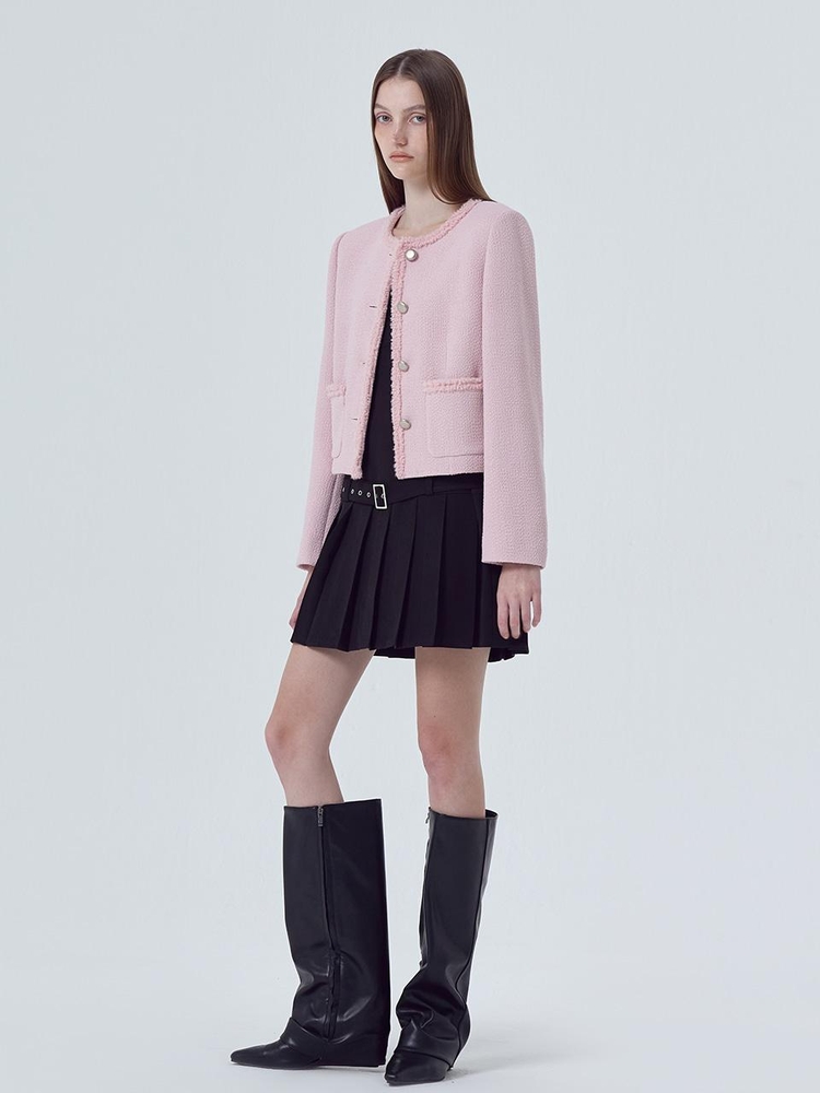 Boucle Trimmed Tweed Jacket, Pink