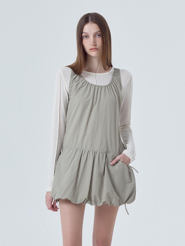 Balloon Shirring Mini Dress, Light Khaki