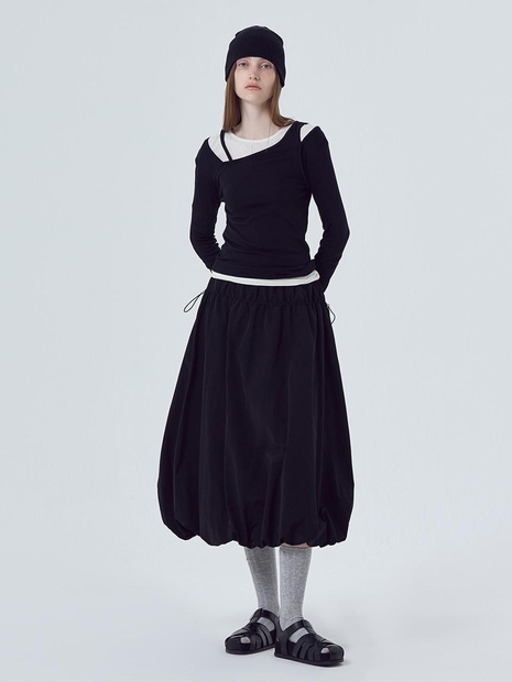 String Balloon Long Skirt, Black