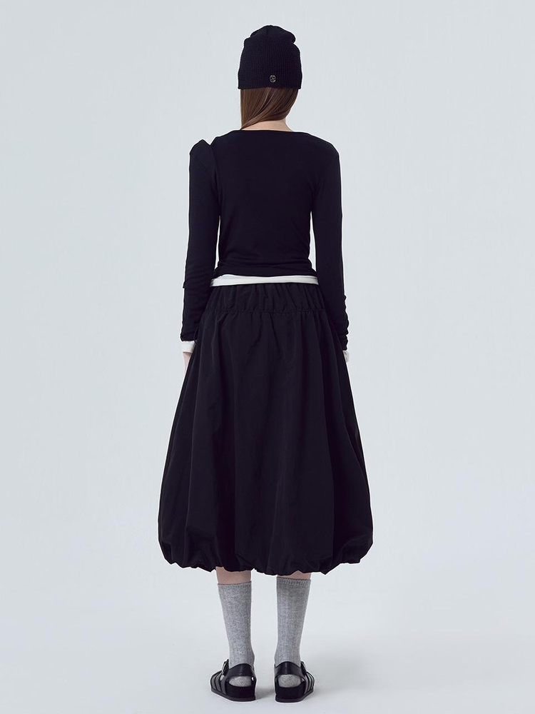 String Balloon Long Skirt, Black