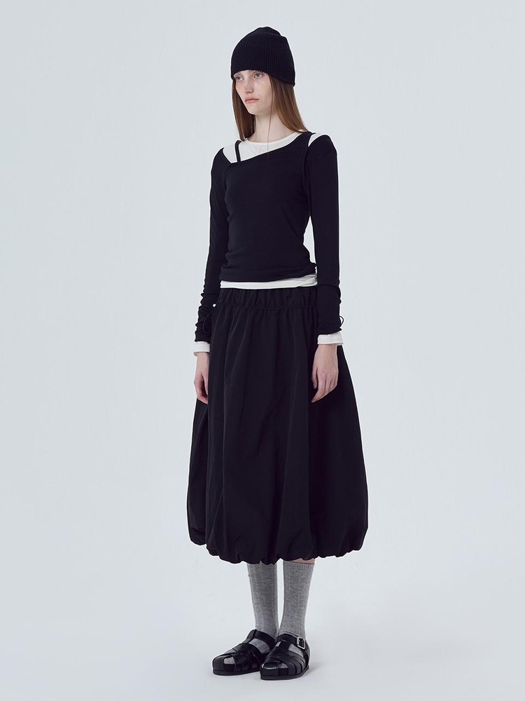 String Balloon Long Skirt, Black