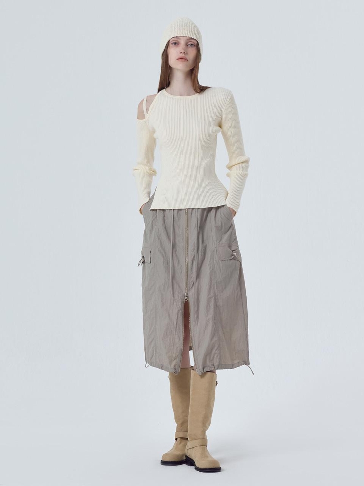 Nylon Zipper Skirt, Ash Khaki