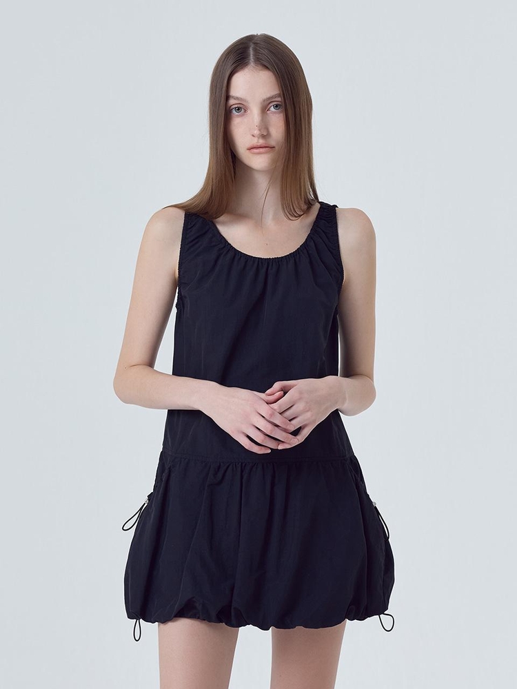 Balloon Shirring Mini Dress, Black