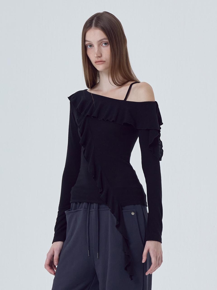 Frill One Shoulder T-Shirt, Black