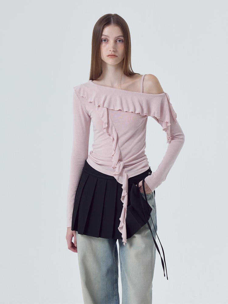 Frill One Shoulder T-Shirt, Pink