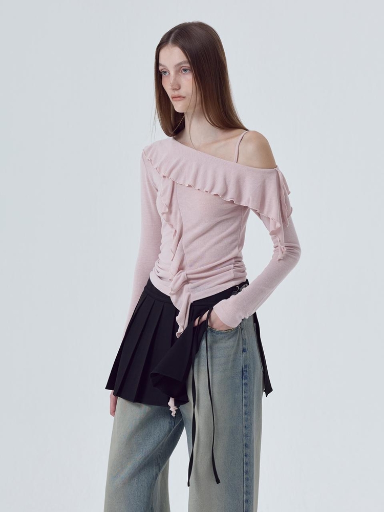 Frill One Shoulder T-Shirt, Pink