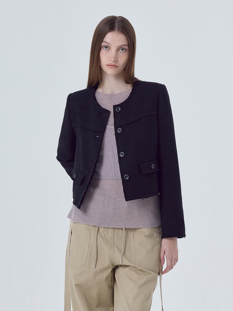 Cut-Off Button Tweed Jacket, Black