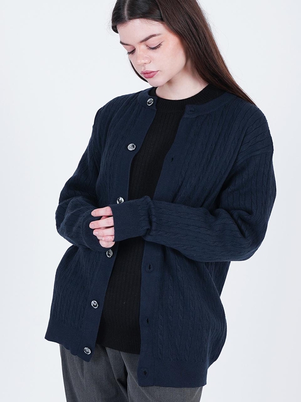 Silket Cable Round-neck Cardigan (Navy)