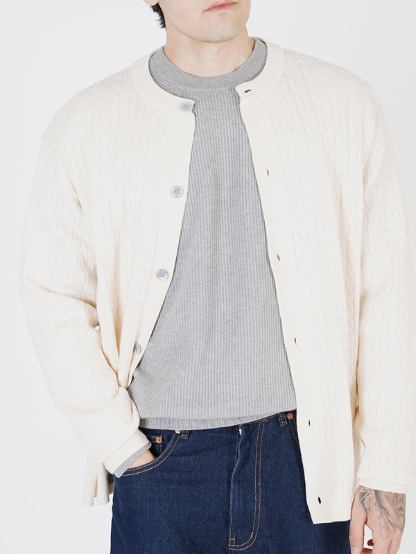 Silket Cable Round-neck Cardigan (Navy)