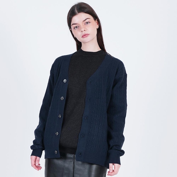 Silket Cable Y-neck Cardigan (Navy)