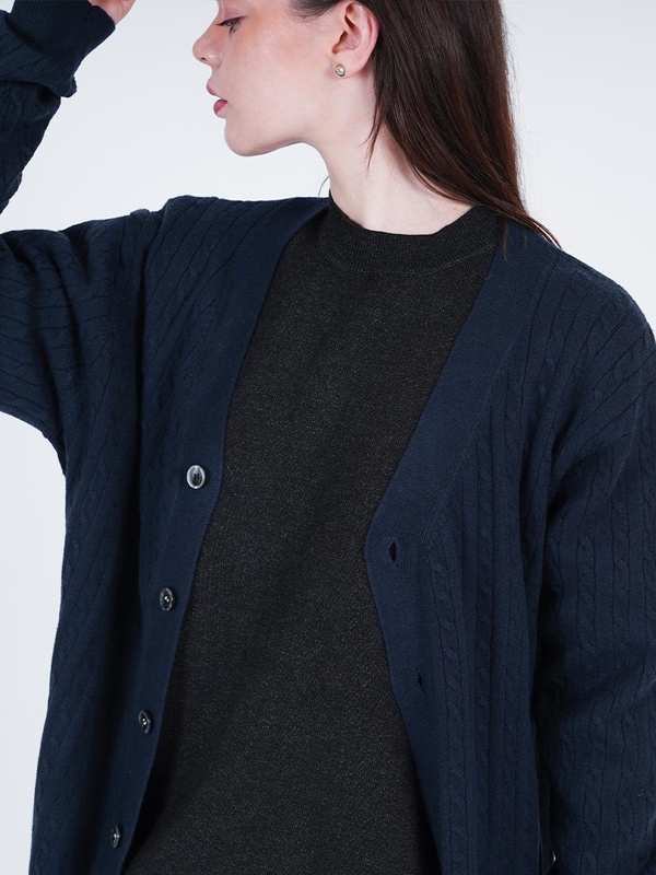 Silket Cable Y-neck Cardigan (Navy)